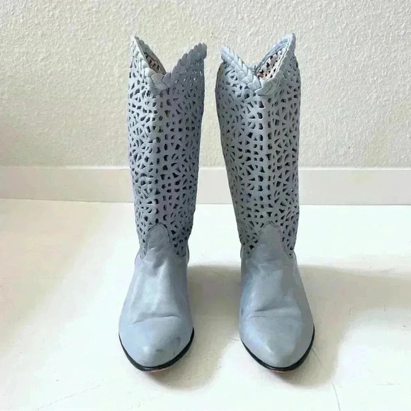 Vintage 80s Steve Fleming Western Blue Mid Calf Boots Perforated Cut Out Boho - Picture 3 of 9